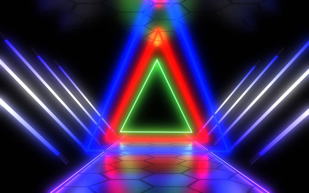 abstract architectuur tunnel met neon licht. 3D-illustratie - Foto, afbeelding