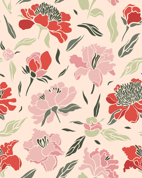 Seamless pattern with pink, red lilies and peonies on a light background. Surface design. Texture for fabric, wallpaper, paper. Vector illustration. - Vecteur, image