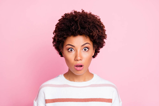 Close up photo of amazing dark skin lady with opened mouth listen unbelievable bad news wear fluffy white striped jumper isolated pink color background - Photo, Image