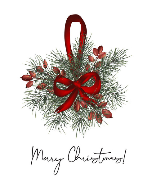 Balle de pin d'hiver avec arc rouge et baies Carte de voeux de Noël avec typographie. Décoration du Nouvel An, branches de pin de saison d'hiver, art du nez en vecteur
 - Vecteur, image