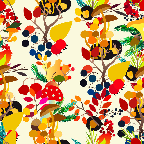 Autumn vector seamless pattern with berries, acorns, pine cone, mushrooms, branches and leaves. - Vektör, Görsel