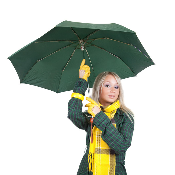 Girl in green coat with umbrella - Foto, Imagem