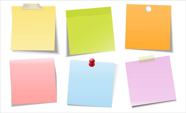 Sticky Post note jaune vert orange rose bleu violet avec épingles et ruban adhésif à bord avec ombre - Illustration vectorielle
 - Vecteur, image