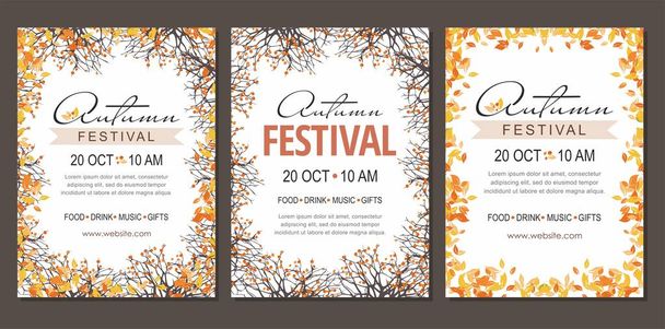 Set Autumn festival flyers, template with branches and berries.  - Vector, Image