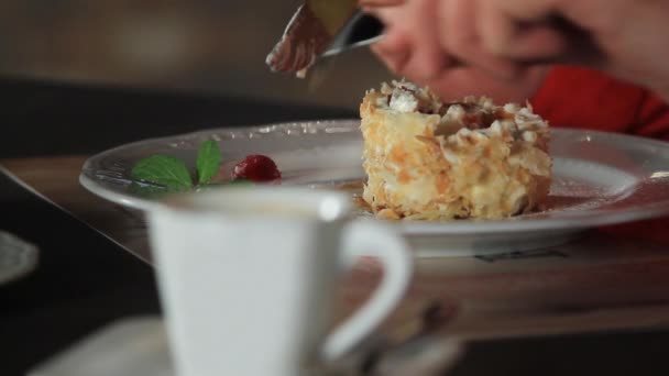 Ciasto Napoleona. Proces jedzenia deser malinowy millefeuille - Materiał filmowy, wideo