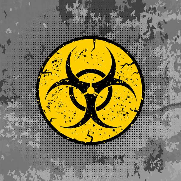 Gri Grunge Arka Plan üzerinde Izole Biohazard İşareti dikkat edin. Uluslararası Tehlike Sembolü. Virüsün Uyarı Simgesi - Vektör, Görsel