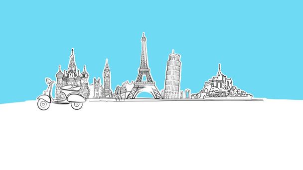 Europe Travel Concept Lineart Vector Sketch - Vector, Image