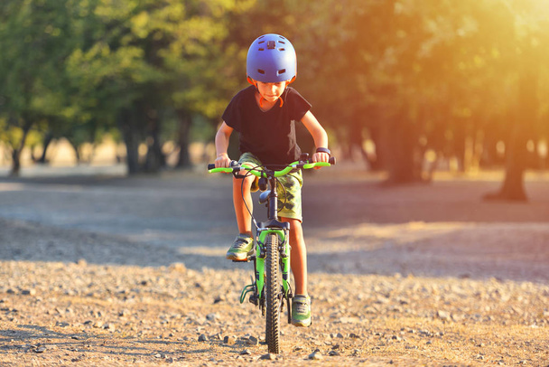 Bambino felice di 7 anni che si diverte nel parco autunnale con una bicicletta in una bella giornata autunnale. Bambino attivo indossando casco bici
 - Foto, immagini