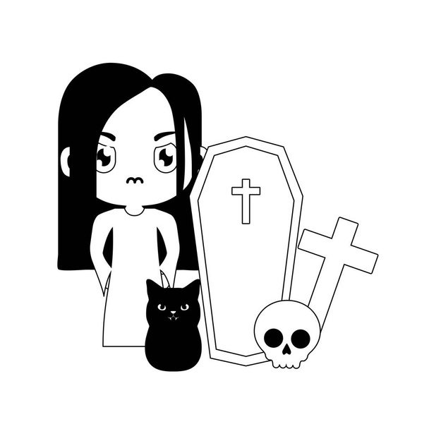 meisje vermomd als een zombie met pictogrammen Halloween - Vector, afbeelding
