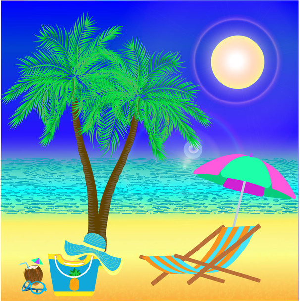 Vector with palm tree, coconut and beach items on sunrise background. Открытка
. - Вектор,изображение