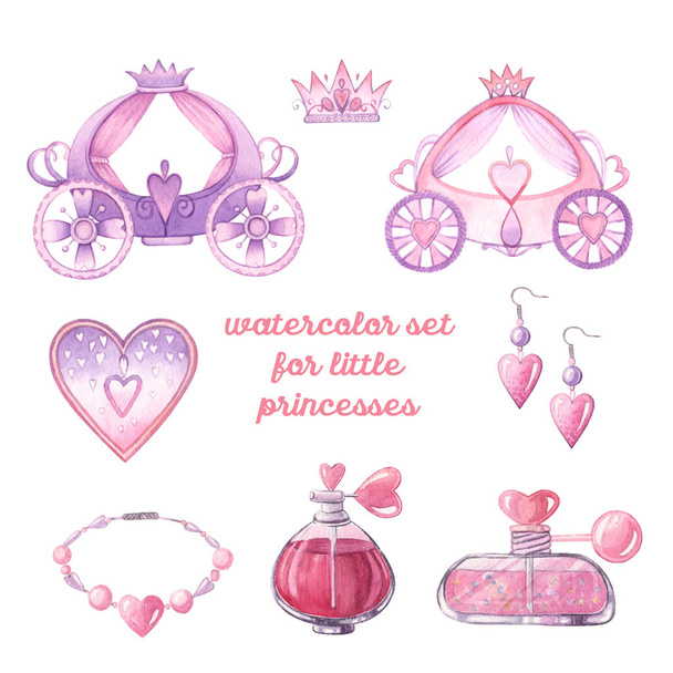 Set of watercolor elements for little princesses. Consisting of cartoon carriages, perfumes, earrings, crowns, hearts and necklaces. Great for packaging design and printing - Photo, Image