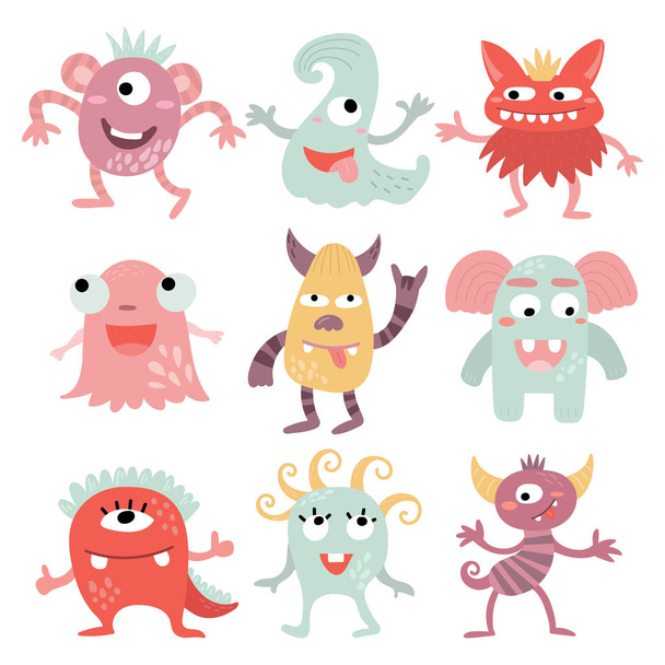 Funny monsters. Lovely monster set for children designs. Sweet smiling creatures in warm colors in vector. Awesome childish collection - Vektor, Bild