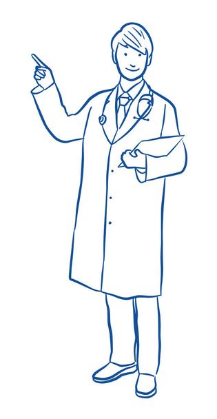 Arzt zeigt mit dem Finger auf einen Gegenstand. handgezeichnete Skizze Illustration isoliert auf weißem Hintergrund. - Vektor, Bild