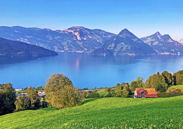 Widok na Jezioro Czterech Kantonów lub jezioro Vierwaldstaetersee (Vierwaldstattersee) i Alpy Szwajcarskie w tle z Buochserhorn Mountain, Buochs-Canton of Nidwalden, Szwajcaria - Zdjęcie, obraz