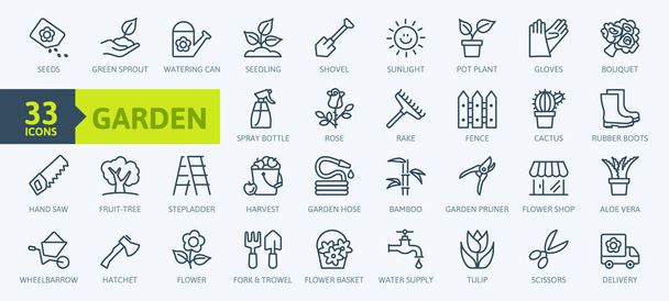 Flor y elementos de jardinería - conjunto de iconos web de línea delgada mínima. Esquema de la colección de iconos. Ilustración simple vector
. - Vector, imagen