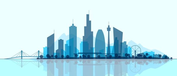 Futuristic cityscape silhouette illustration. Modern City panorama. Abstract town landscape. Urban skyline with downtown skyscrapers, office buildings, park. - Vector, Image
