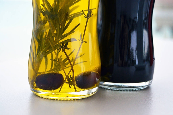 Close up shot of oil and vinegar bottles - Photo, Image