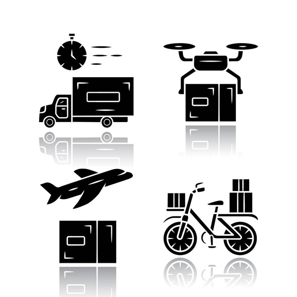 Leszállítás vetett árnyék fekete karakterjel ikonok beállítása. Áruszállítási szolgáltatás. Drone, sík, kerékpár szállítás. Logisztika és disztribúció. Rakományok szállítása. Izolált vektoros illusztrációk - Vektor, kép
