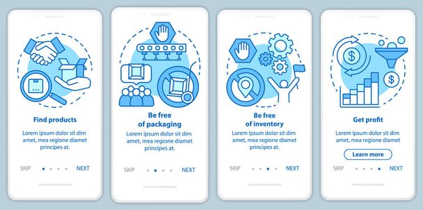 Dropshipping blue onboarding mobile app page screen with linear concepts. Find product, be free of packaging walkthrough steps graphic instructions. UX, UI, GUI vector template with illustrations - Vetor, Imagem