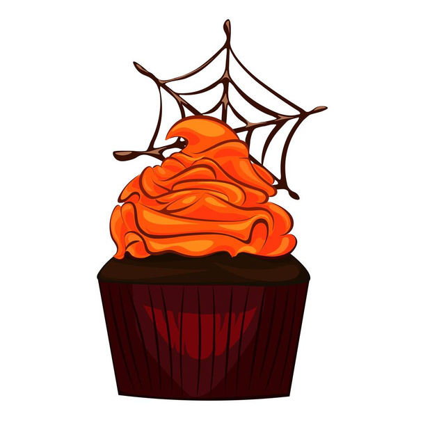 Bright chocolate pumpkin monster cupcake for Halloween. - ベクター画像