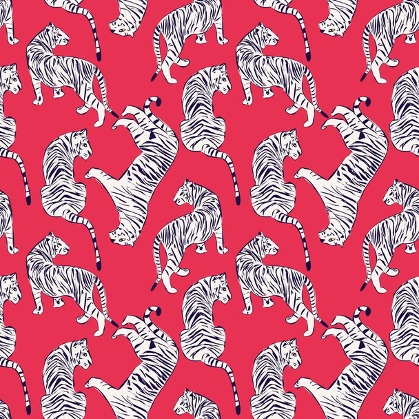 Hand getekende Tiger naadloze patroon, grote katten in verschillende positie, witte tijgers op rood, exotische achtergrond, platte vector illustratie - Vector, afbeelding