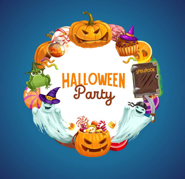 Halloween pumpkins, trick or treat candies, ghosts - Vector, Image