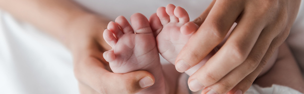 panoramiczne ujęcie kobiety robiącej masaż dotykając nóg niemowlęcia  - Zdjęcie, obraz
