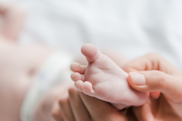 обрізаний вид матері робить масаж, торкаючись ноги немовляти
  - Фото, зображення