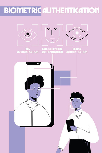 男は顔を認識するために電話を使う。顔識別技術を用いての概念。背景の生体認証アイコン。フラットベクトルイラストレーション  - ベクター画像