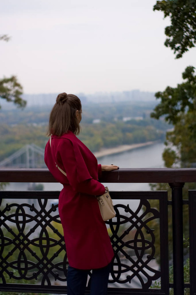 Promenade dans le parc d'automne une fille en manteau violet. La vue de l'arrière
. - Photo, image