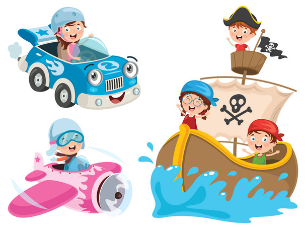 Enfants utilisant la voiture, bateau pirate et avion
 - Vecteur, image