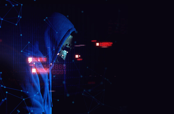 hacker man terrorist with virus computer attack to server network system online in data internet security hacking ai concept - 写真・画像