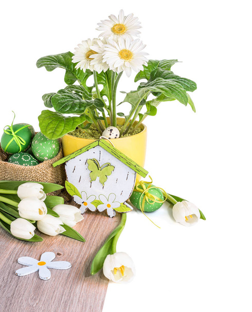 White tulips, gerberas and Easter eggs isolated on white - Фото, зображення