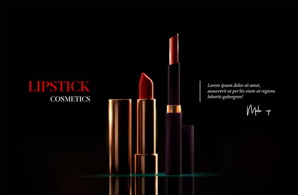 Fashion lipstick cosmetic template for ads, flyer or banner. Realistic 3d golden red lipstick on black background. Makeup magazine template with stylish gold lipstick. Luxury cosmetic products brand. - Vector, Image