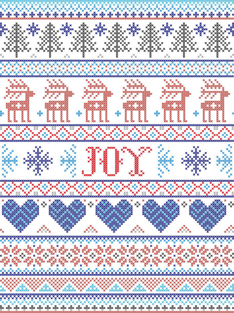 Jednoduchý Radostný vánoční vzor se skandinávskými severskými slavnostními zimními pastýři v křížovém stehu se srdcem, sněhovou vločkou, sněhem, vánočním stromečkem, soby, lesem, hvězdou, sněhovými vločkami v bílé, červené, šedé, modré - Vektor, obrázek