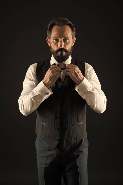 Man bearded guy wear white shirt and classic vest outfit. Formal outfit. Elegant outfit mature man. Take good care of your silhouette. How to dress for your age. Elegancy and male style. Classy style - Фото, зображення