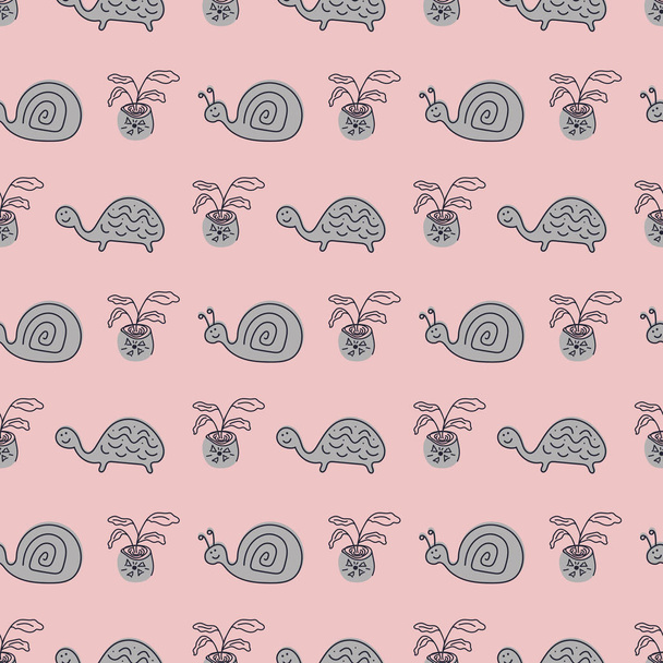 Seamless vector pattern with hand drawn cute turtles, snails and potted flowers - Vector, Image