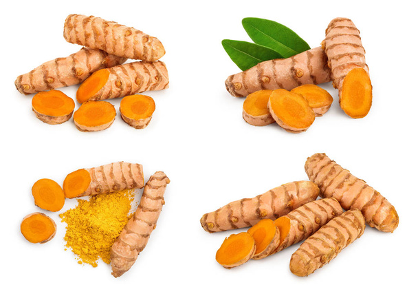 Set or collection turmeric powder and turmeric root isolated on white background with copy space for your text. Top view. Flat lay - Photo, Image