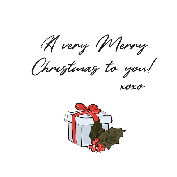 Frohe Weihnachten Grußkarte mit Wiesenbeeren und Blättern, großes Geschenk, Geschenk mit Schleife. minimale Dekoration mit Typografie - Vektor, Bild