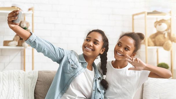 Чёрные молодые сёстры делают селфи дома
 - Фото, изображение