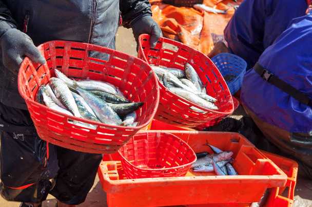 a friss halakból álló kosarakat birtokló halászok - Fotó, kép