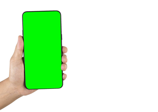 Крупним планом рука тримає смартфон ізольовано на білому тлі
 - Фото, зображення
