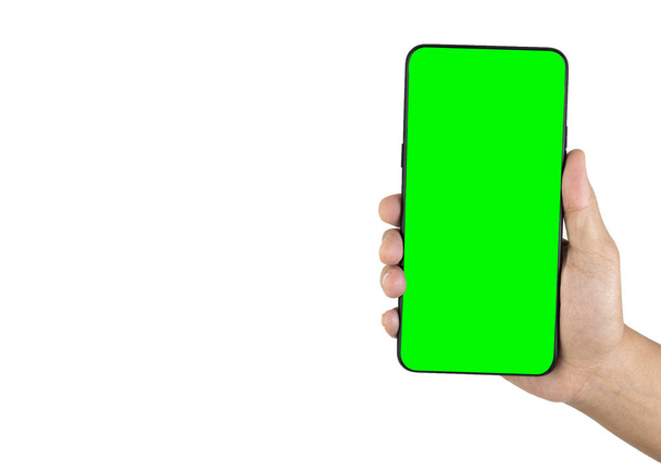 Close-up of hand holding smartphone isolated on white background - Photo, Image