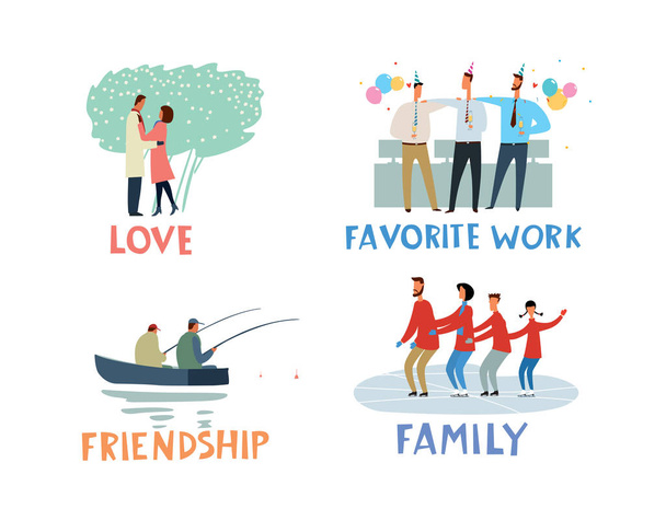 Themed hand-drawn icons Love, Favorite Work, Friendship, Family. Vector full color graphics. Hand vector minimalistic graphics full color - Vector, Image