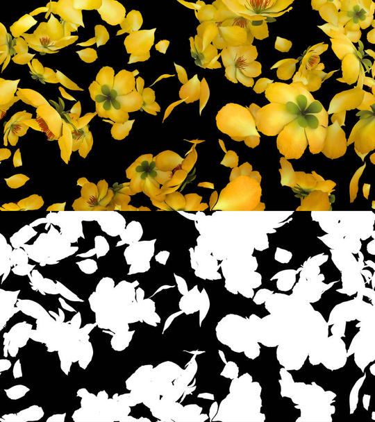 3D иллюстрация потока желтых лепестков цветов с альфа-слоем
 - Фото, изображение