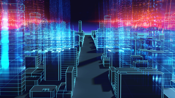 Inteligentne miasto i krajobraz cyfrowy w świecie Cyber. 3D ilustratio - Zdjęcie, obraz