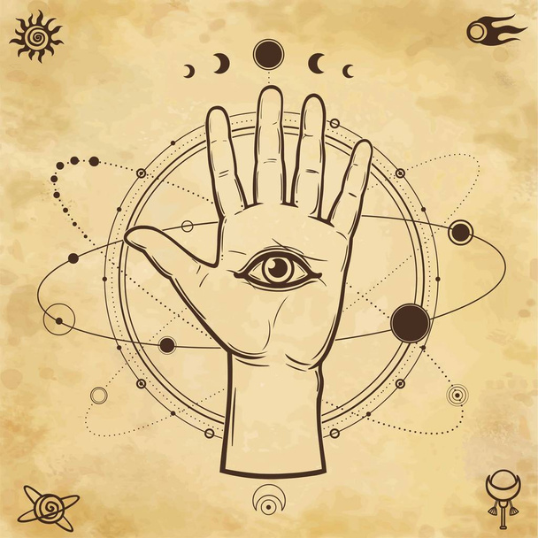 Desenho místico: a mão humana segura o universo. Planetas e estrelas giram em órbitas ao redor das palmas das mãos. Fundo - imitação de papel velho. Ilustração vetorial. Impressão, cartaz, T-shirt, cartão postal
. - Vetor, Imagem