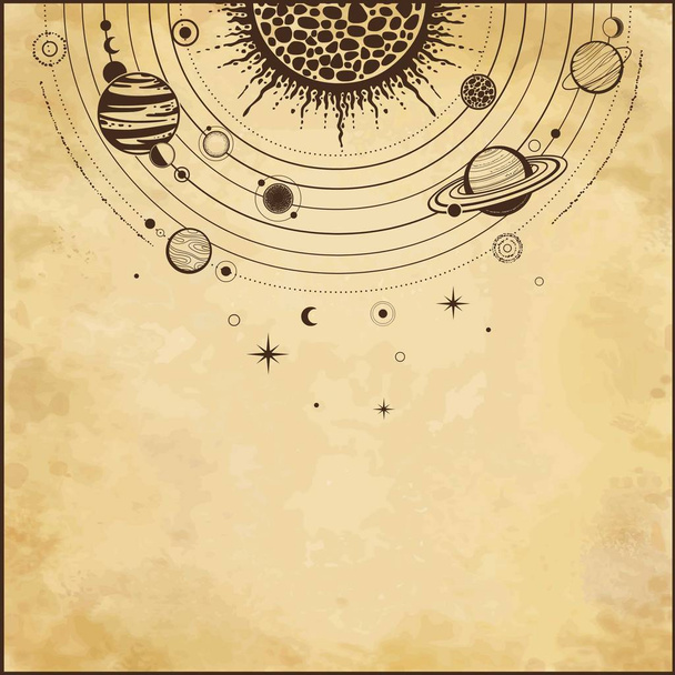 Cosmic drawing: stylized Solar system, orbits, planets, space structure. Place for the text. Background - imitation of old paper. Vector Illustration. Print, poster, T-shirt, postcard. - Vector, Image