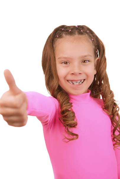 cheerful girl lifts thumb upwards - Photo, Image