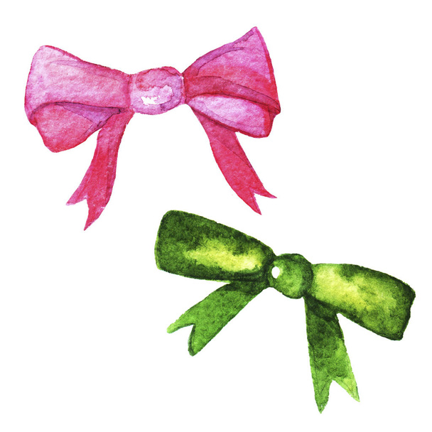 Handgetekende aquarel set van roze, groene strikken en linten van verschillende vormen. Ontwerp voor afdruk, kaart, banner - Foto, afbeelding